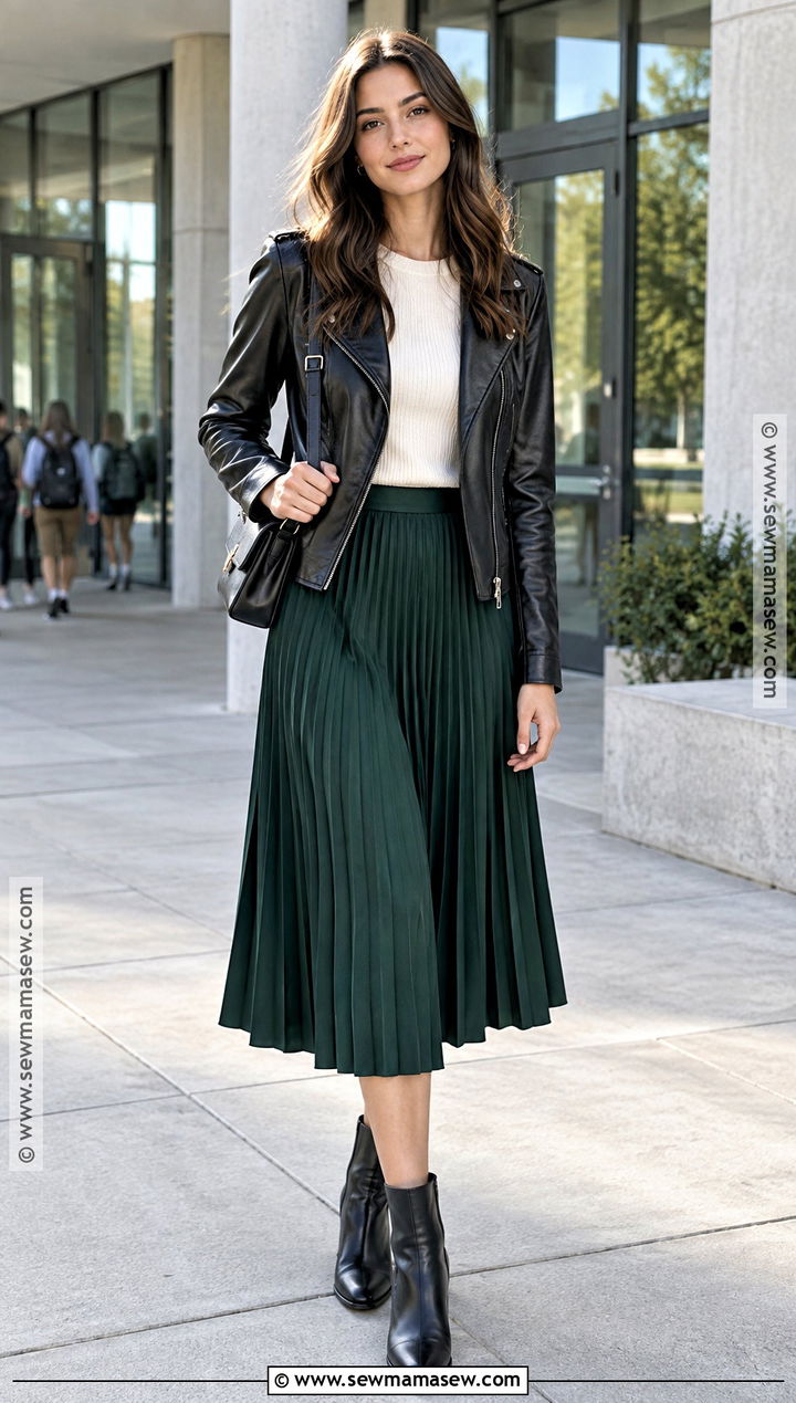 Leather Jacket and Midi Skirt Back to School Outfit - 15 elegant back to school outfits