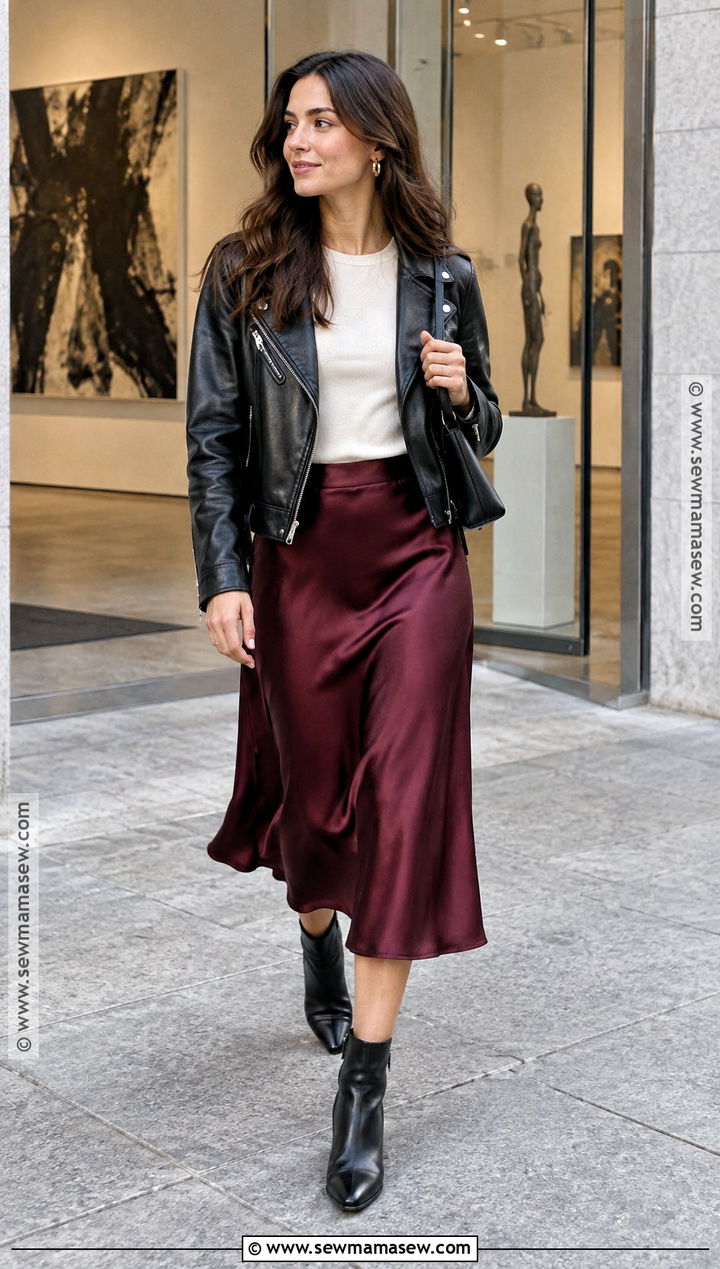 Leather Jacket and Midi Skirt Fall Outfit - 30 fall outfits for women