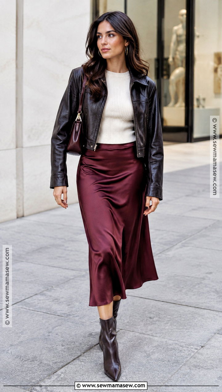 Leather Jacket and Midi Skirt Fall Outfit - 15 Fall Clothes Pictures