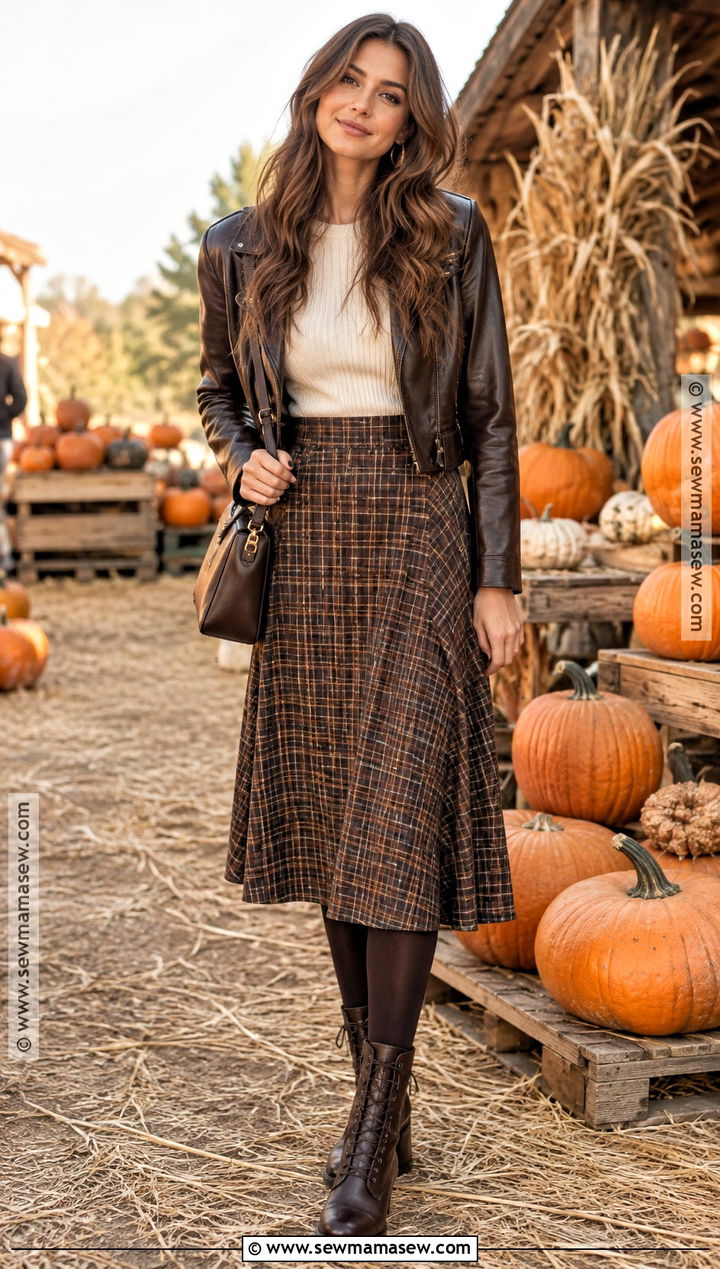 Leather Jacket and Plaid Midi Skirt Pumpkin Patch Outfit - 20 pumpkin patch date outfit ideas