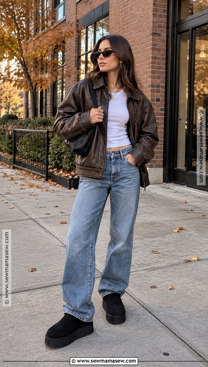 Leather Jacket and Platform UGGs Outfit - 20 uggs outfit fall ideas
