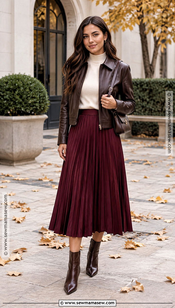 Leather Jacket and Pleated Midi Skirt Fall Outfit - 25 elegant fall outfits