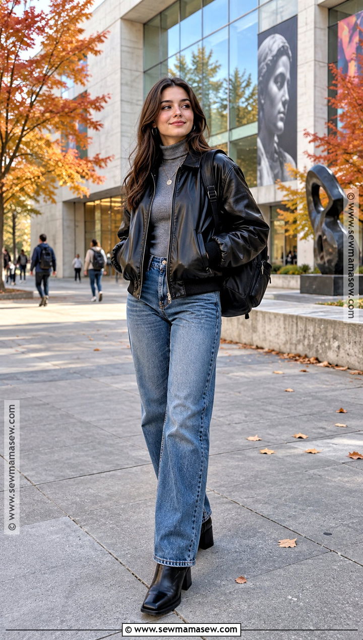 Leather Jacket and Relaxed Jeans College Outfit - 15 cute fall outfits for college