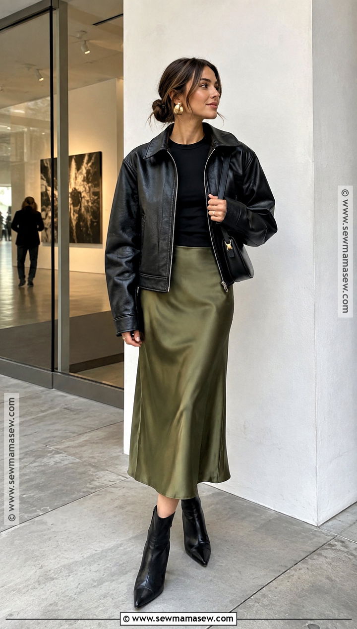 Leather Jacket and Satin Slip Skirt Fall Outfit - 20 fall it girl outfits