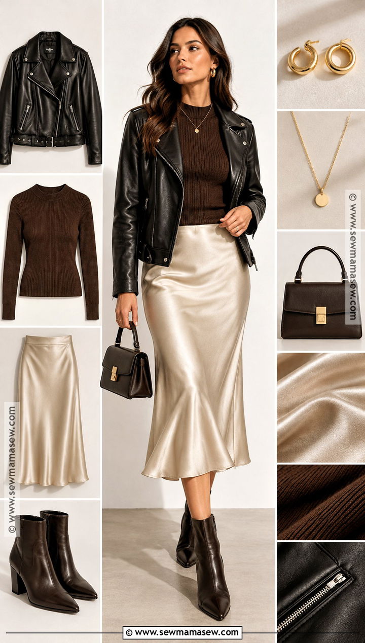 Leather Jacket and Slip Skirt Autumn Outfit - 15 cozy autumn outfit collage ideas