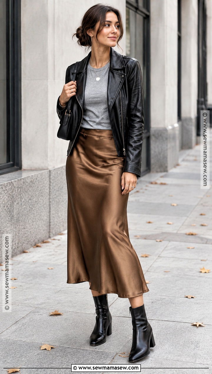Leather Jacket and Slip Skirt Autumn Outfit - 20 autumn transition outfits