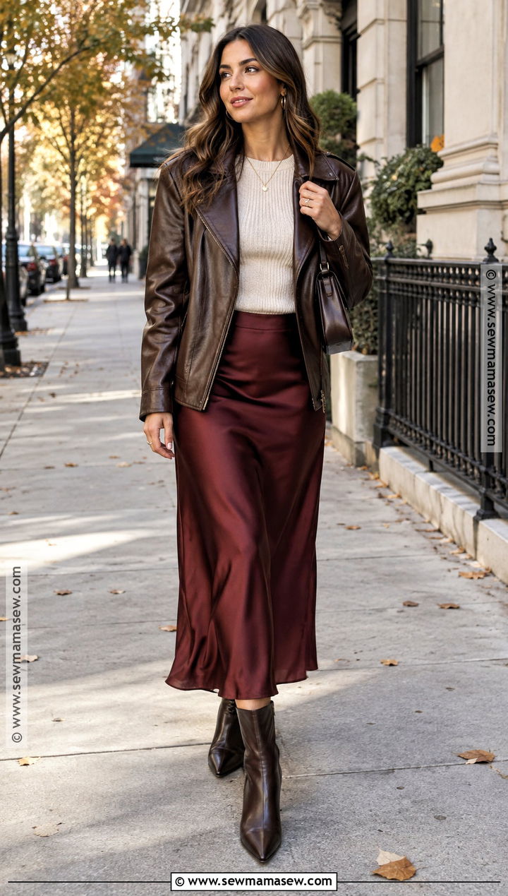Leather Jacket and Slip Skirt Fall Outfit - 15 fall and winter clothes for women