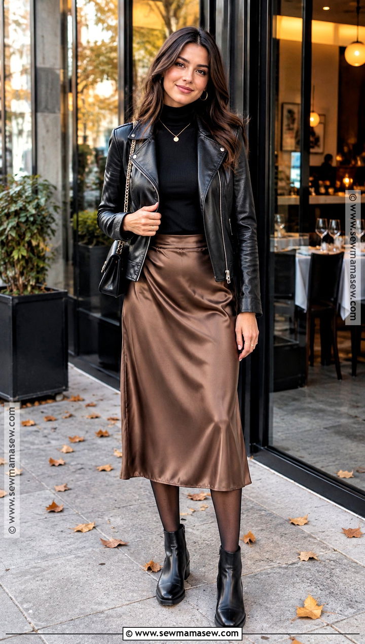 Leather Jacket and Slip Skirt Outfit - 20 Autumn City Break Outfit Ideas