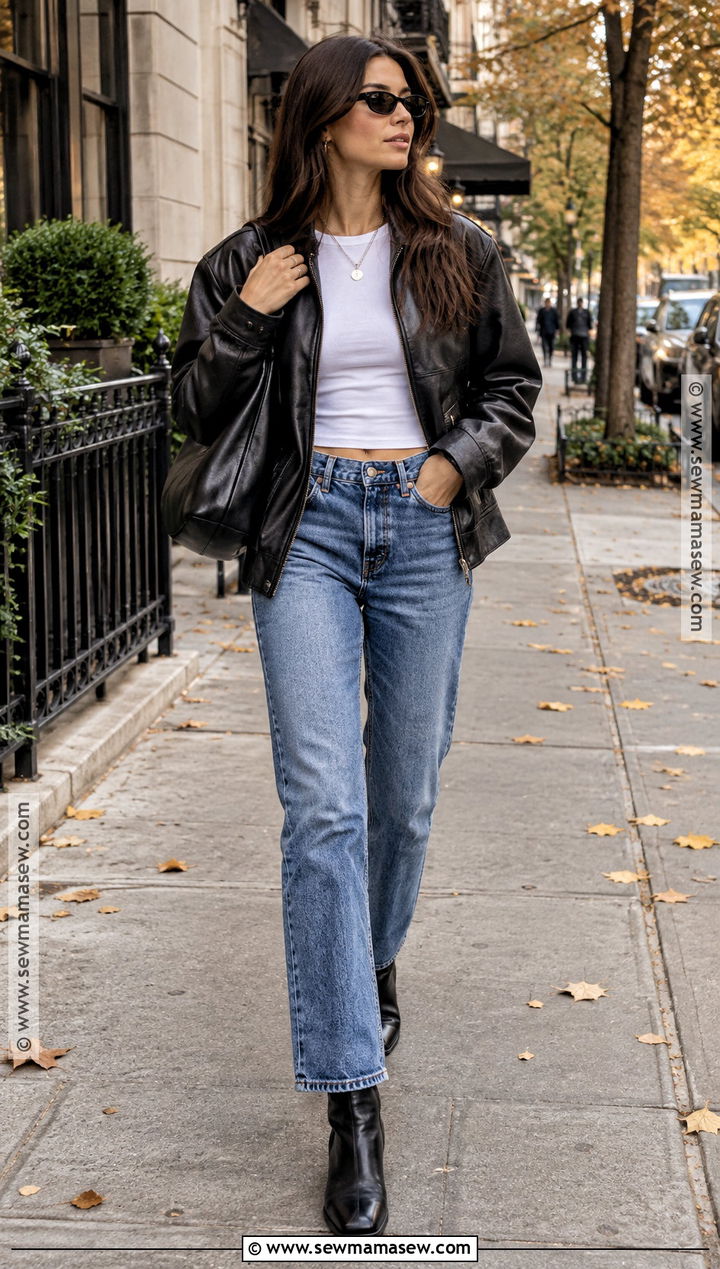 Leather Jacket and Straight Leg Jeans Downtown Autumn Outfit - 20 Downtown Autumn Outfits
