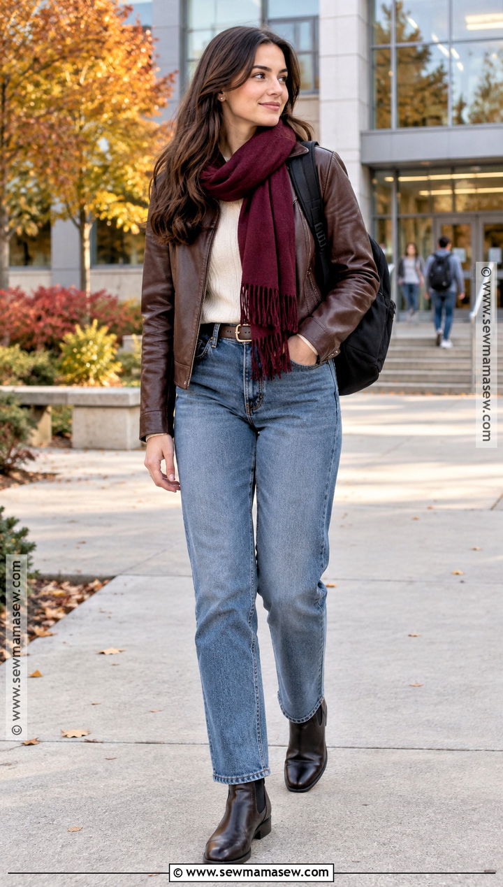 Leather Jacket and Straight Leg Jeans School Outfit - 20 Fall Inspo Outfits For School