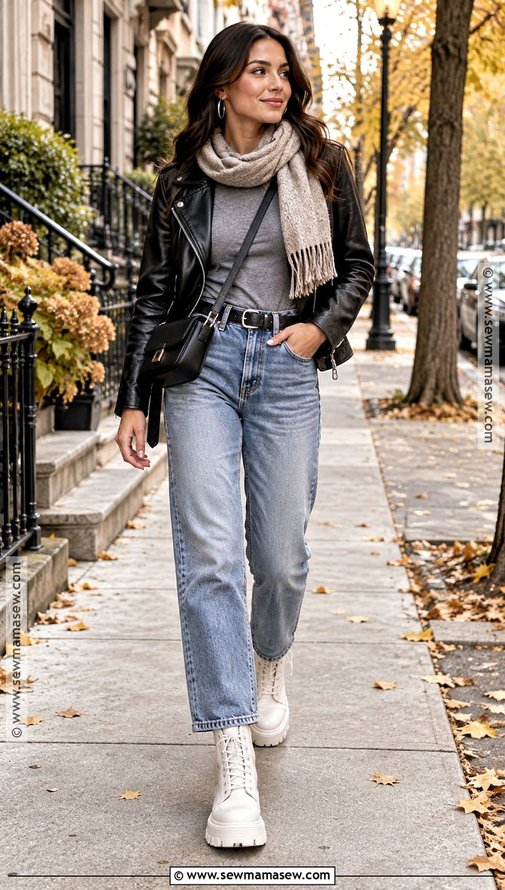 Leather Jacket and White Combat Boots - 20 white boots outfit fall