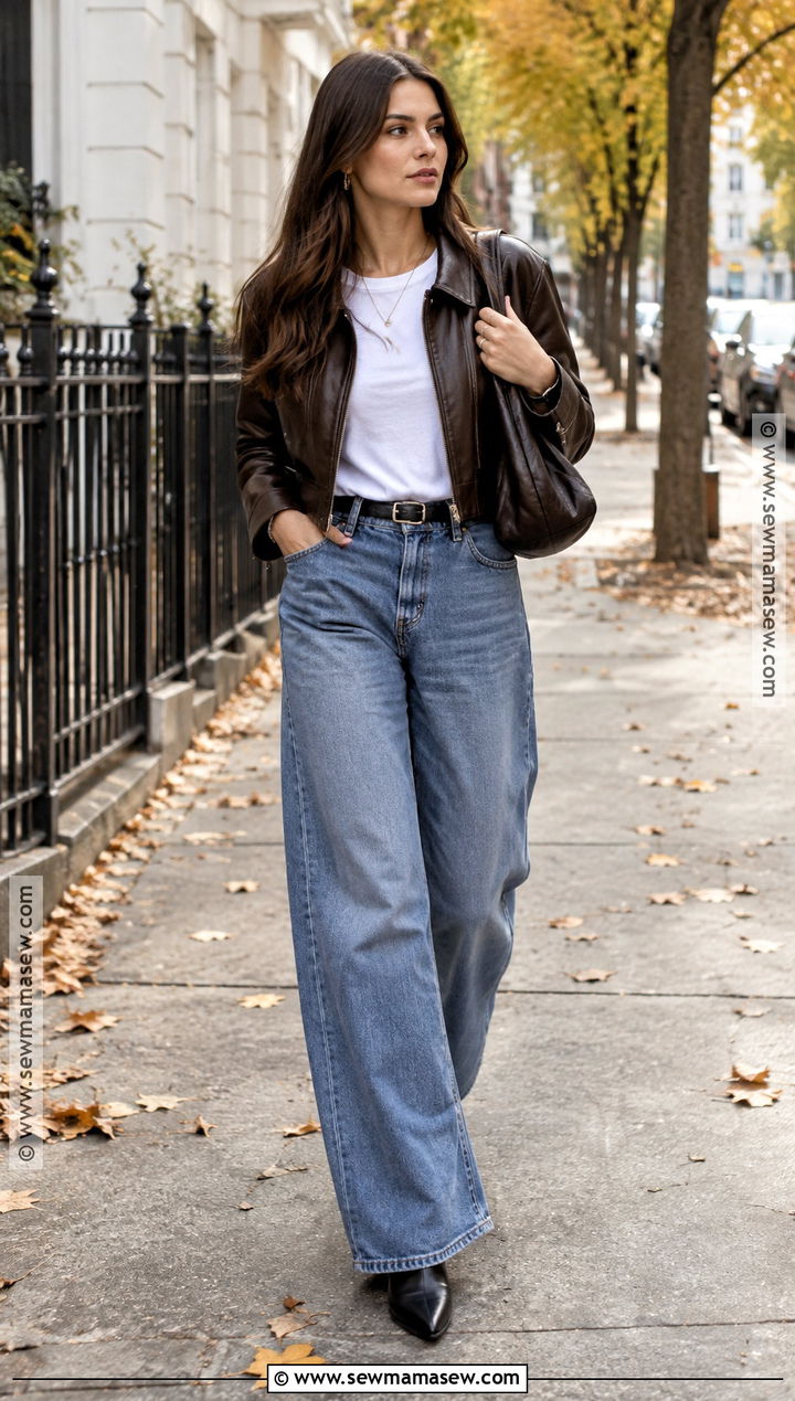 Leather Jacket and Wide Leg Jeans Fall Outfit - 15 Fall Outfit Inspiration Ideas 2026