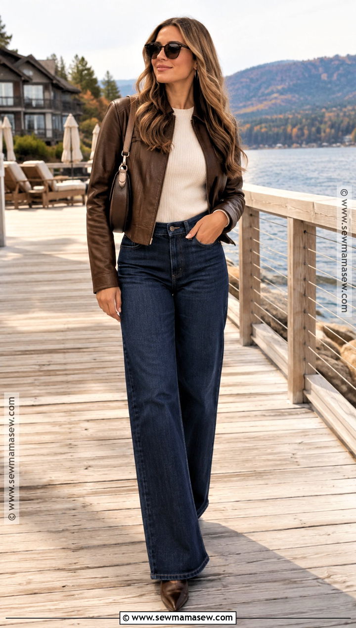 Leather Jacket and Wide Leg Jeans Fall Resort Outfit - 15 Fall Resort Wear Ideas