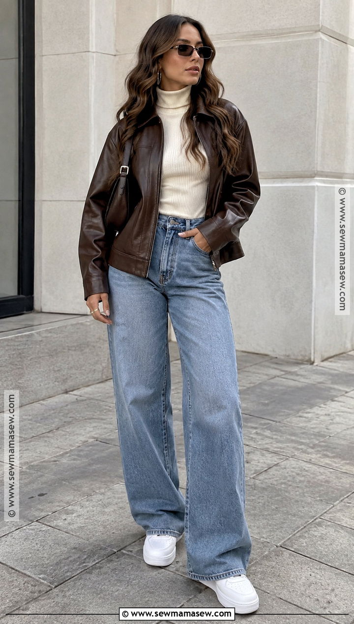 Leather Jacket and Wide Leg Jeans With Air Force Ones - 15 Fall Outfit With Air Force Ones Ideas
