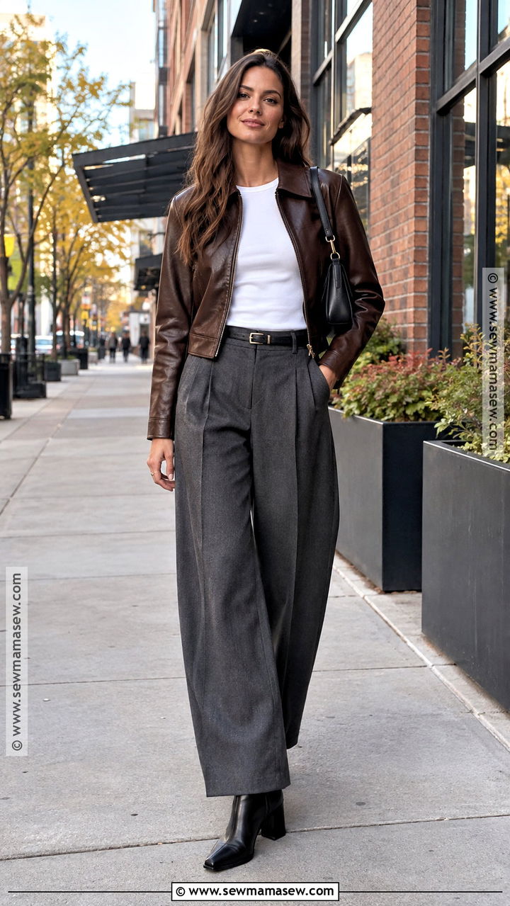 Leather Jacket and Wide Leg Trousers Chicago Fall Outfit - 20 fall chicago outfits