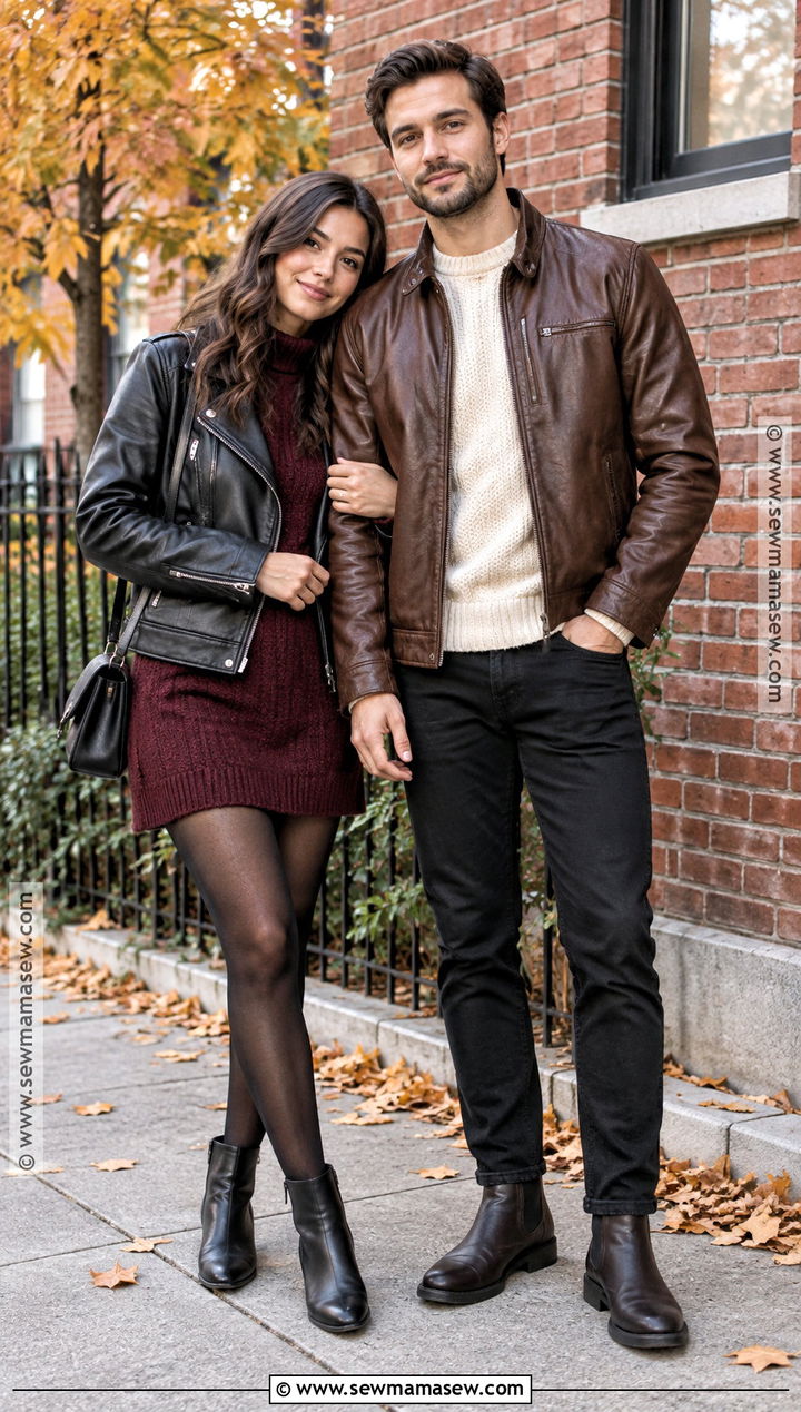Leather Jackets and Knit Layers Fall Couple Outfit - 15 outfit ideas for couples photoshoot fall