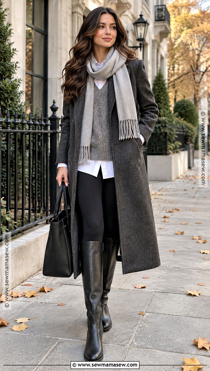 Leather Knee High Boots With Leggings and a Long Coat - 15 Leather Knee-Highs Fall Fashion Ideas