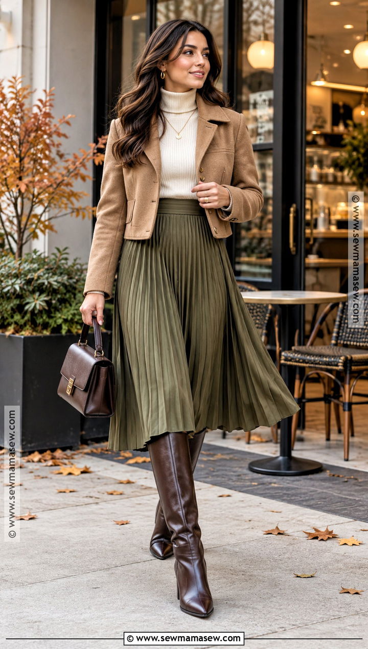 Leather Knee High Boots With Pleated Midi Skirt - 15 leather knee-highs fall style ideas