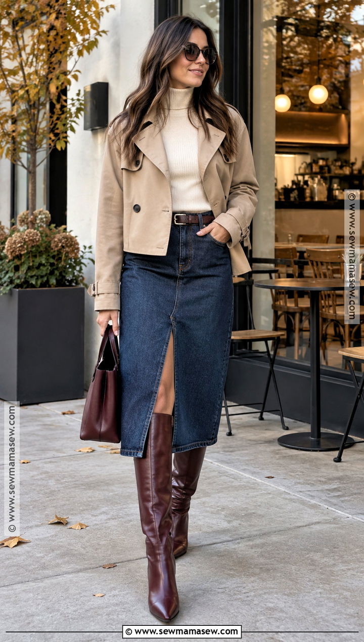 Leather Knee High Boots With a Denim Midi Skirt - 15 Leather Knee-Highs Fall Fashion Ideas