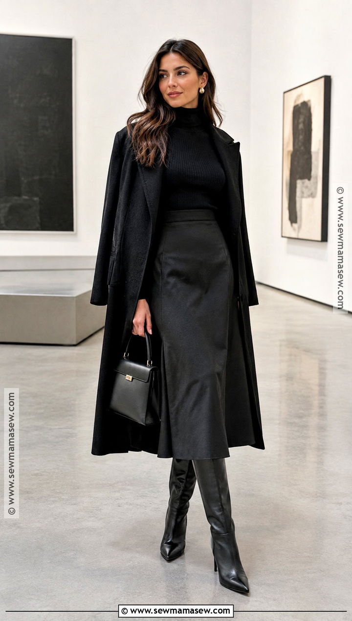 Leather Knee High Boots With a Monochrome Black Outfit - 15 Leather Knee-Highs Fall Fashion Ideas