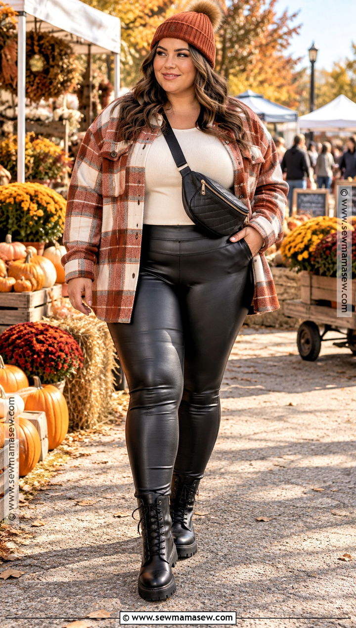 Leather Leggings With Plaid Shacket And Combat Boots - 15 leather legging outfits fall