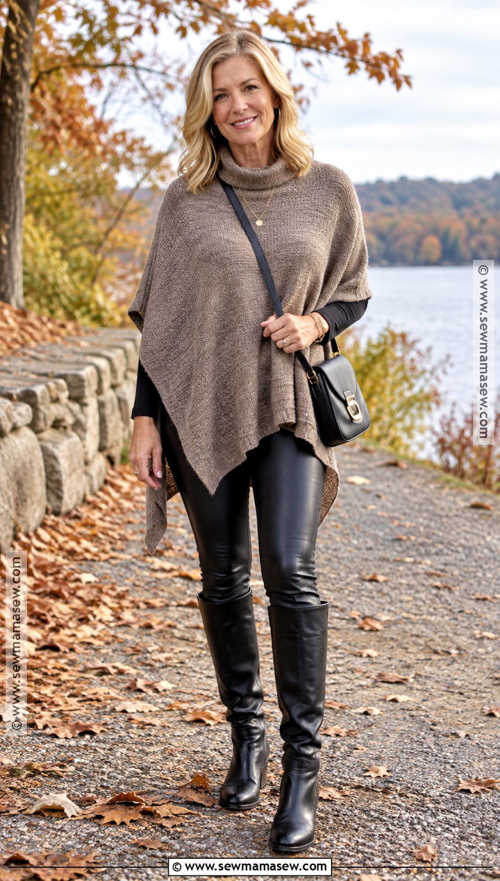 Leather Leggings With Poncho And Knee High Boots - 15 leather legging outfits fall