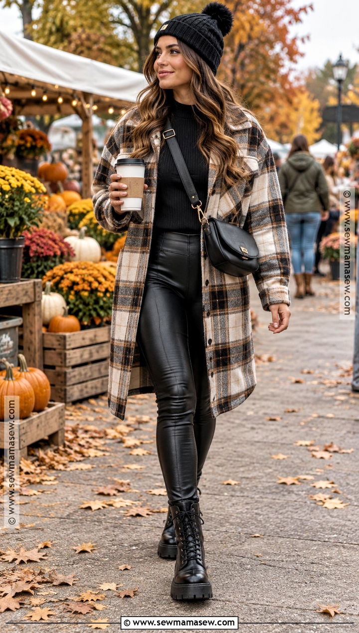Leather Leggings With Shacket And Combat Boots - 20 leather leggings outfit fall