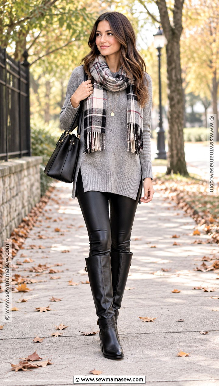 Leather Leggings With Tunic Sweater And Tall Boots - 20 leather leggings outfit fall