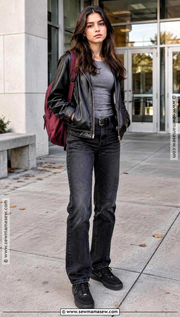 Leather Look Jacket And Dark Jeans School Outfit - 15 fall school outfits highschool baddie