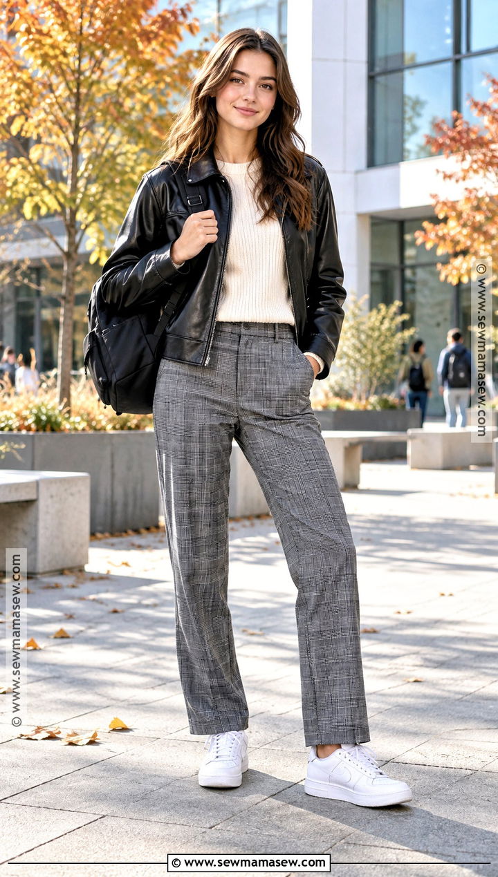 Leather Look Jacket And Plaid Pants School Outfit - 25 autumn outfits for school
