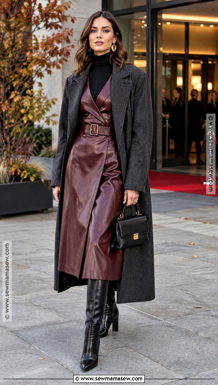 Leather Midi Dress With Knee High Boots And Coat - 15 Fall Fashion Leather Outfit Ideas