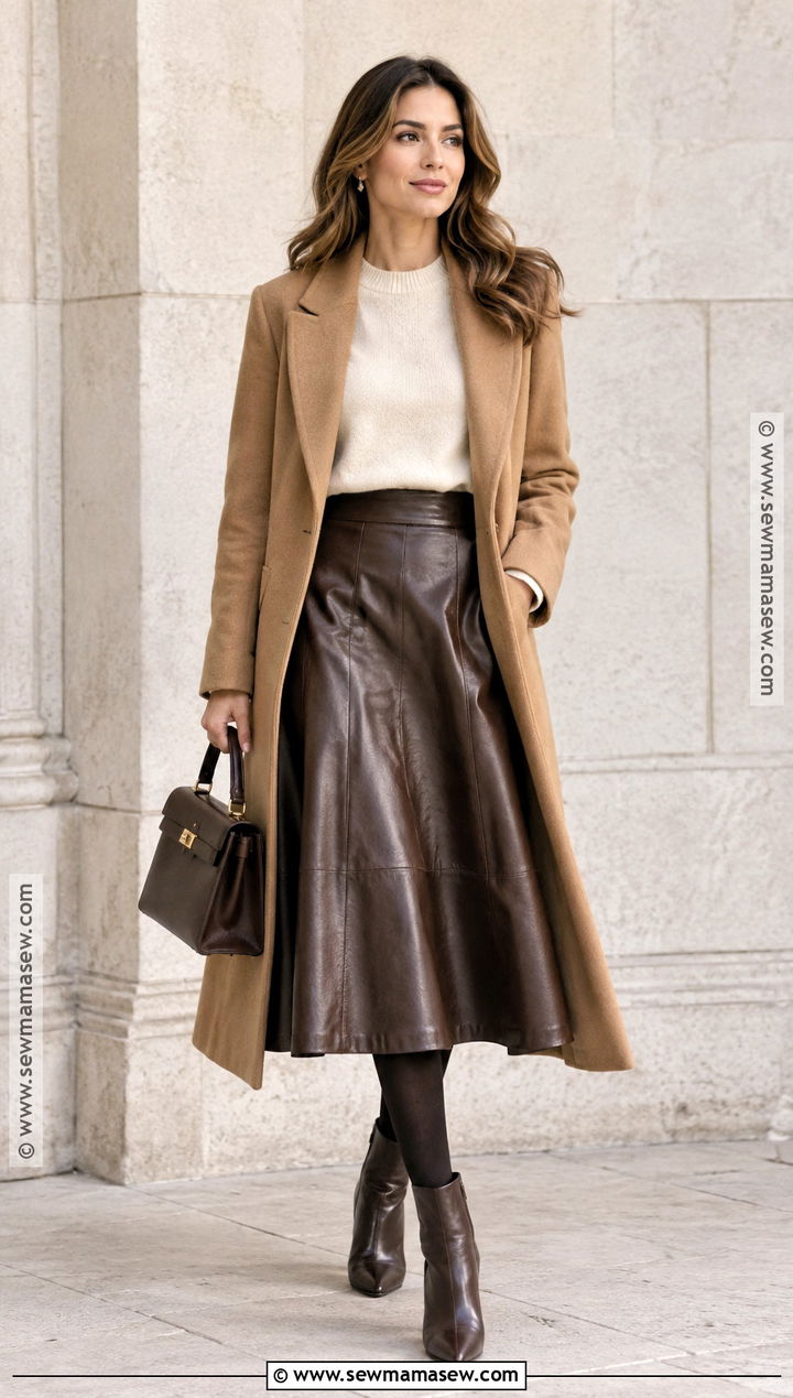 Leather Midi Skirt And Knit Sweater Work Outfit - 15 Fall Style 2026 Women Work Ideas