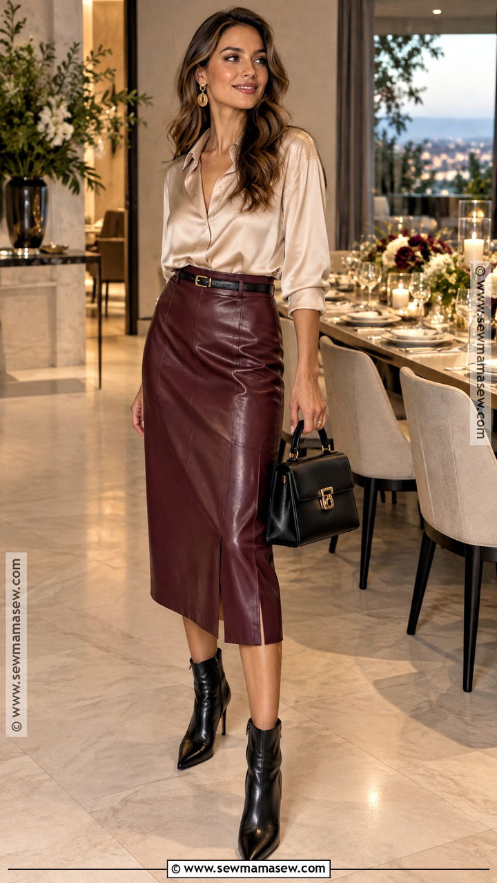Leather Midi Skirt And Silk Blouse Outfit - 20 september party outfit ideas