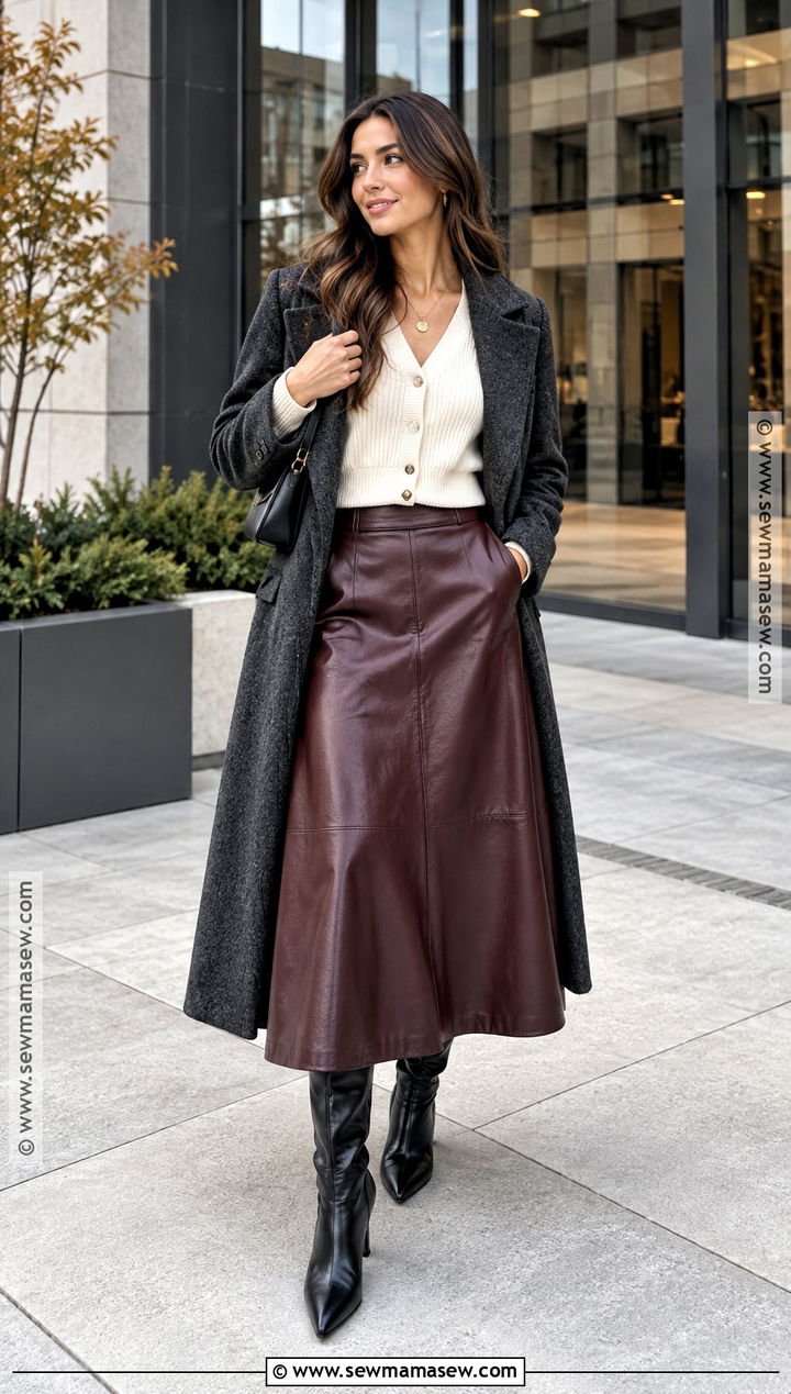 Leather Midi Skirt With Cardigan And Heeled Boots - 15 fall outfits with midi skirts