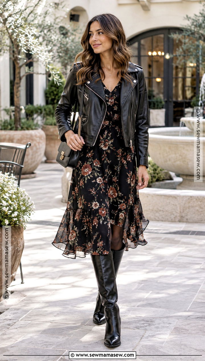 Leather Moto Jacket With Floral Midi Dress - 20 Autumn Outfits Leather Jacket