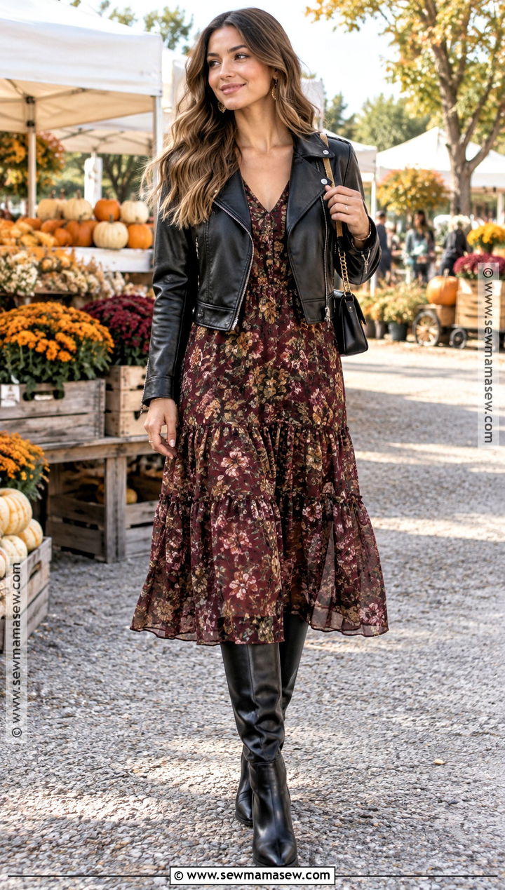 Leather Moto Jacket With Floral Midi Dress - 15 fall outfits women leather jacket