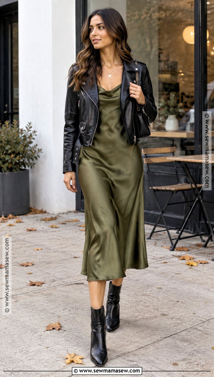 Leather Moto Jacket With Slip Dress - 25 Fall Leather Jacket Outfit Ideas