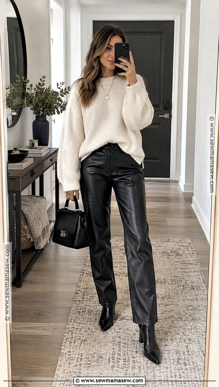 Leather Pants And Chunky Sweater Autumn Outfit - 15 autumn aesthetic outfit ideas 2026