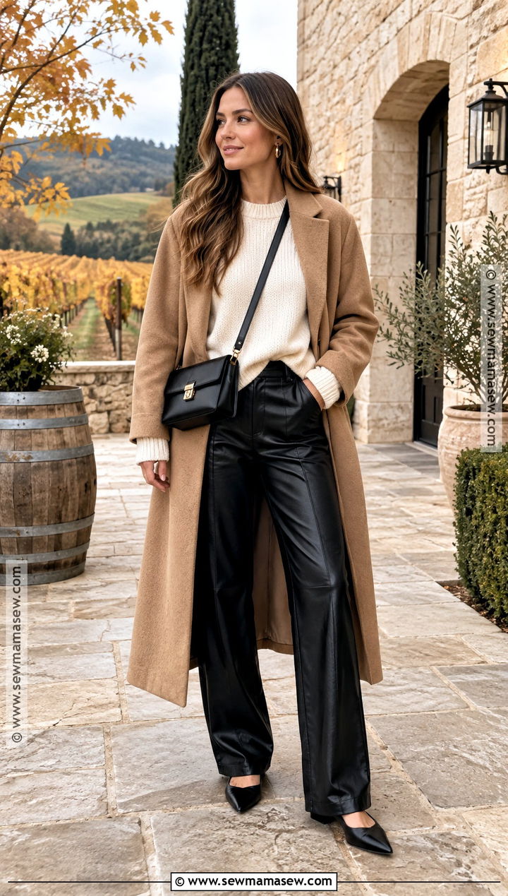 Leather Pants And Oversized Sweater Winery Outfit - 15 outfit ideas for winery in fall