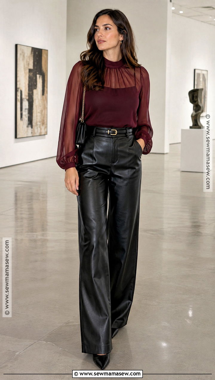 Leather Pants And Sheer Blouse Birthday Outfit - 25 autumn birthday outfit ideas