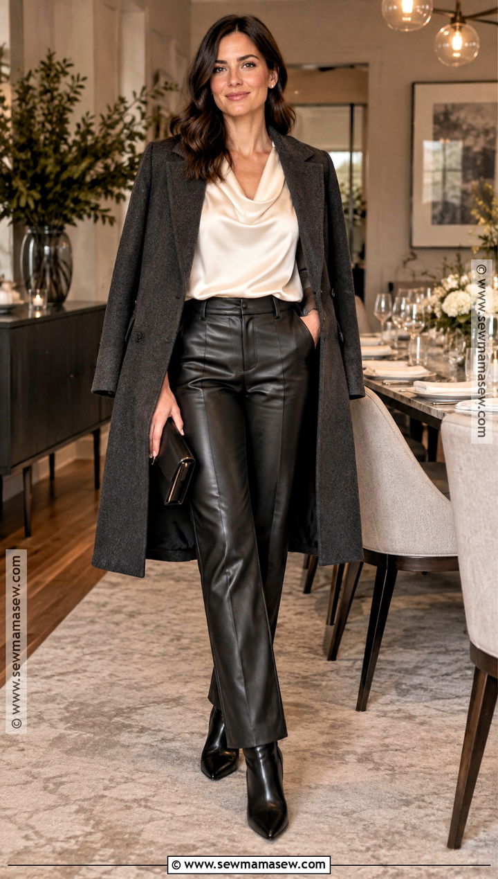 Leather Pants And Silk Blouse Fall Dinner Party Outfit - 25 fall dinner party outfit ideas