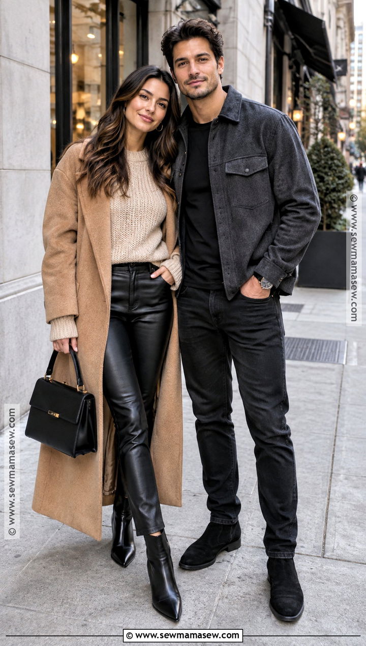 Leather Pants And Sweater Engagement Photo Outfit - 15 engagement photo shoot outfits fall