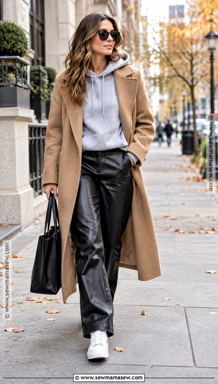 Leather Pants With Hoodie And Wool Coat - 20 Leather Pants Outfit Fall