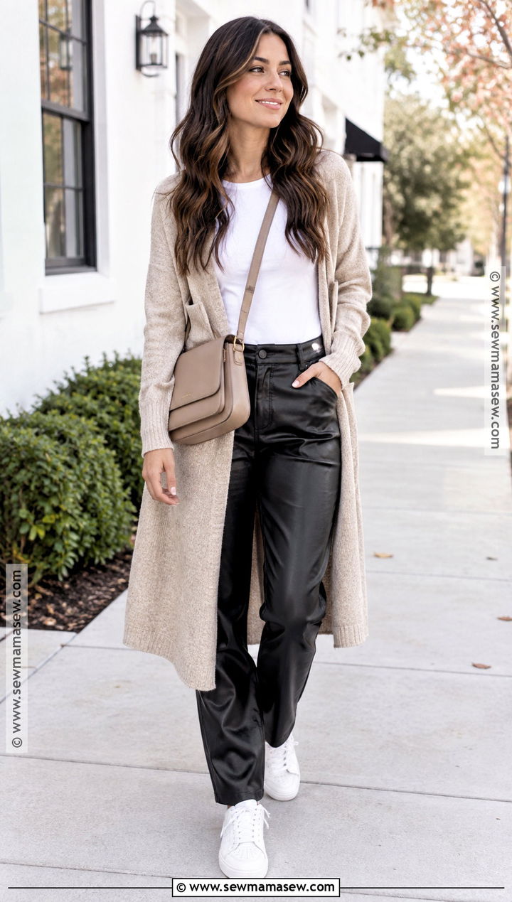 Leather Pants With Long Cardigan And Sneakers - 15 fall leather pants