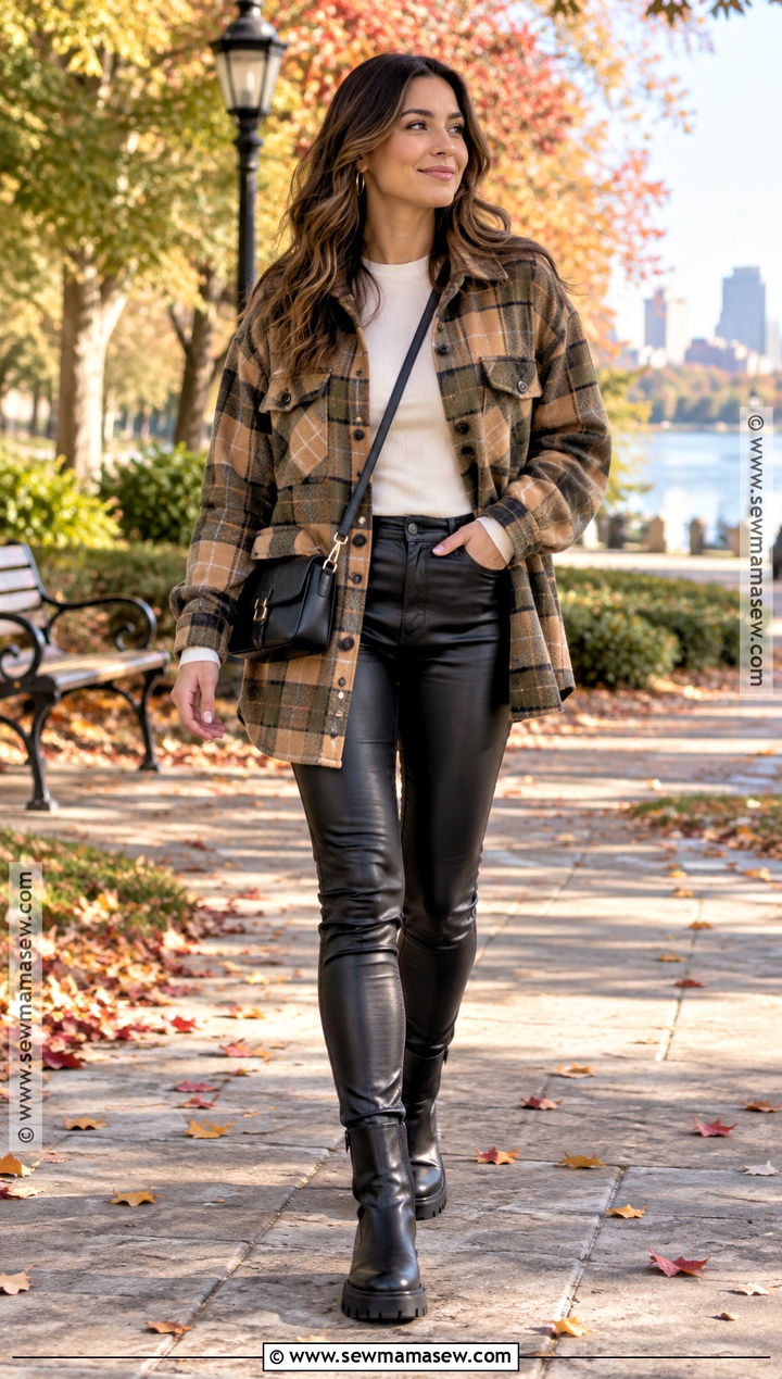 Leather Pants With Plaid Shacket - 15 fall fashion leather pants ideas