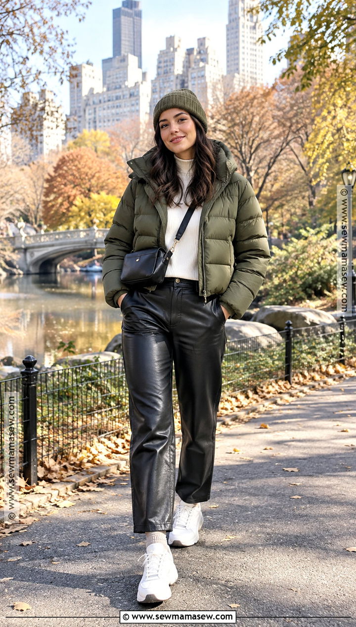 Leather Pants With Puffer Jacket And Sneakers - 20 leather pants fall outfit