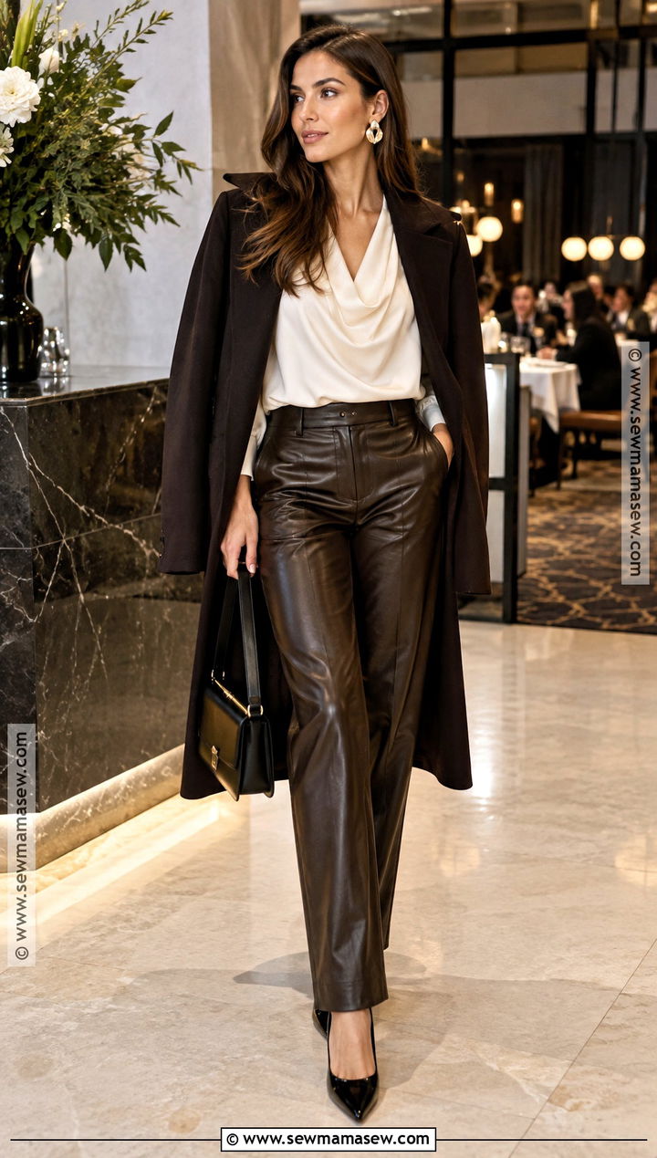 Leather Pants and Draped Blouse Fall Dinner Outfit - 15 fall out to dinner outfit ideas