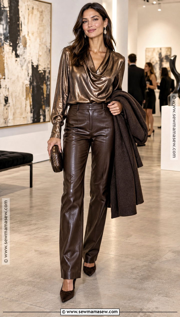 Leather Pants and Metallic Blouse Fall Outfit - 15 festive fall outfits