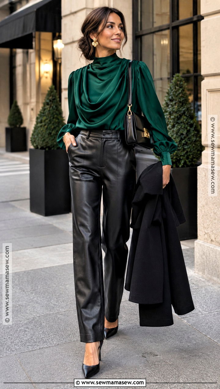 Leather Pants and Statement Blouse Birthday Outfit - 20 Birthday Fall Outfits