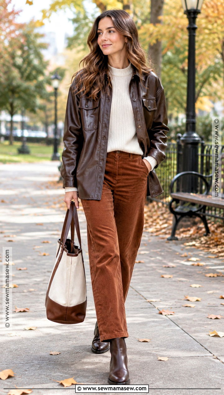 Leather Shacket With Corduroy Pants - 20 Autumn Outfits Leather Jacket